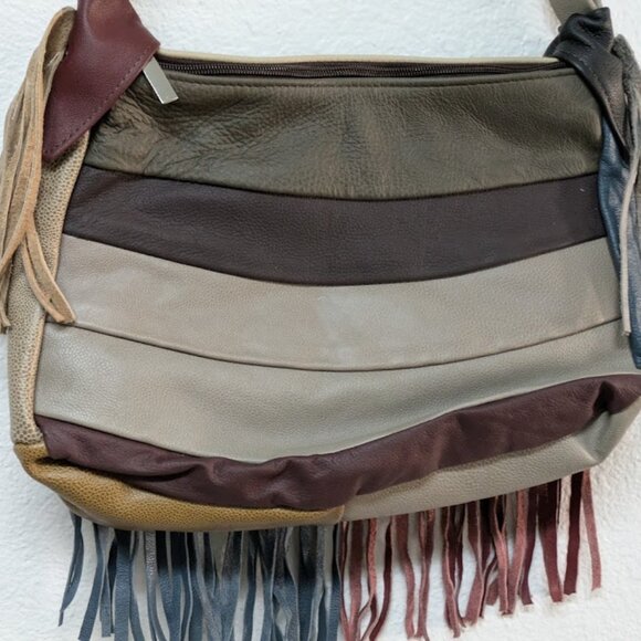 Block Fringe Genuine Leather Boho Crossbody Sling Bag - Brown and Gray Color - Picture 6 of 9